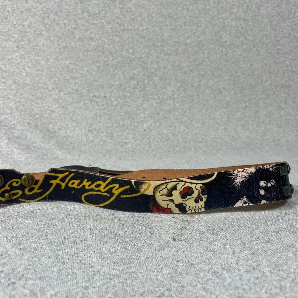 Ed Hardy Black Leather Studded Graphic Belt Skull Tiger Y2K Punk Rock